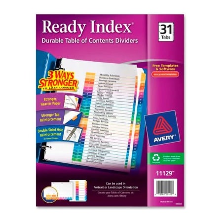 Avery Dennison Avery Ready Index T.O.C. Reference Divider, 1 to 31, 8.5"x11", 31 Tabs, White/Multi 11129